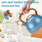 GGC Tea Kettle for Stove Top, Loud Whistling Kettle for Boiling Water Coffee or Milk, 3.1 Quart 3L Heavy Stainless Steel Blue Kettle with Wood Pattern Handle, Unique Button Control Kettle Outlet