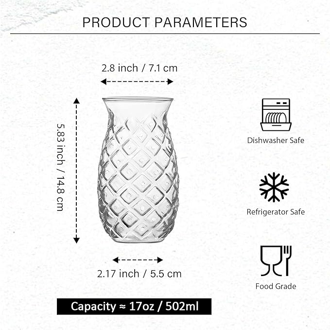Pineapple Cup - Tiki Glasses for Cocktails - Pina Colada Hurricane Drinking Glasses for Bar Decor Set of 6 - Outdoor Mixed Drink Ice Tea Wine Glass Hawaii Tropical Barware 17 Oz