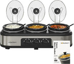 Triple Slow Cooker Buffet Server with 10 Cooking Liners, Adjustable Temperature Settings, Dishwasher Safe, for Parties, Holidays and Entertaining, 3 * 1.5 Quarts Silver