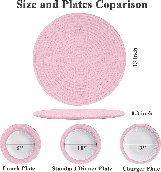 Round Placemats Set of 6, Cotton Rope Woven Table Mats, Hot Pads for Kitchen, Non Slip Heat Resistant Place Mats, 13 Inches Braided Placemat for Farmhouse Decor and Kitchen Table Decor (Pink)
