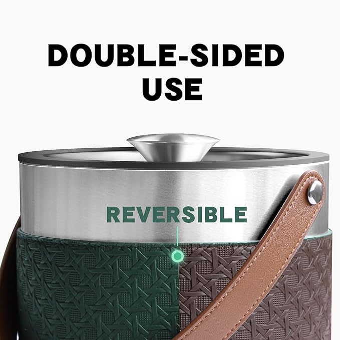 Bakpoco Insulated Ice Bucket with Lid, Scoop, Ice Tongs & Detachable Double-Sided PU Cover– 4L Double-Wall Stainless Steel Ice Buckets for Parties, Cocktail Ba, Champagne & Bar Cart Accessories