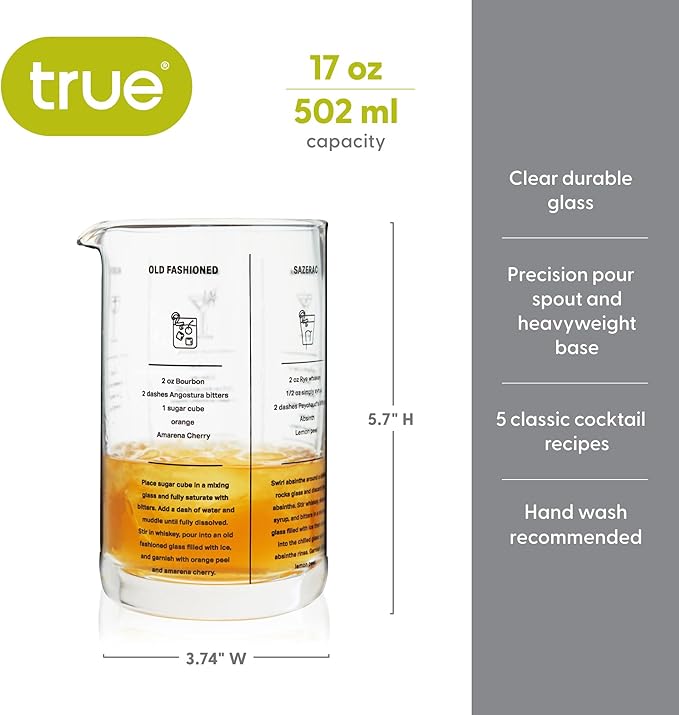 True Recipe Mixing Glass, Cocktail and Bar Tools with Thick Base, Pour Spout, and 5 Printed Recipes, 17 Oz