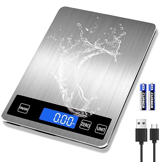 Food Kitchen Scale, Digital Food Scale 33lb Digital Kitchen Scale 1g/0.1oz Precisely Measures Grams and Ounces for Meal Prep Baking and Cooking, Rechargeable 304 Stainless Steel Kitchen Scale
