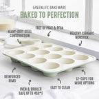 GreenLife 12-Cup Muffin Pan, PFAS-Free Healthy Nonstick Baking Tray, 11.4" x 1.9" x 15.9", Durable Ceramic Bakeware, Cupcakes, Egg Bites, Tarts, Brownies, Sage