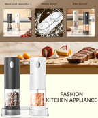 CIRCLE JOY Electric Salt and Pepper Grinder Set Rechargeable Salt and Pepper Mills with 6-Level External Adjustable Coarseness, White LED Light and Storage Base, Black & White