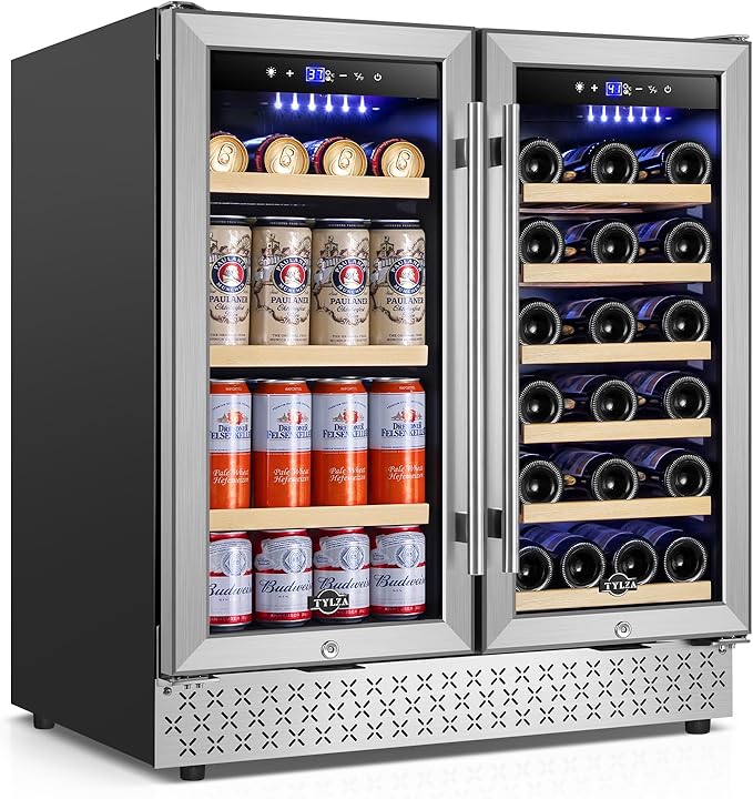 Tylza 30 Inch Wine and Beverage Refrigerator, Dual Zone Wine Beverage Cooler 30" with French Door, Under Counter Wine Beer Fridge Built-In or Freestanding, Holds 29 Bottles and 110 Cans TYBC200