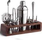 Modern Mixology 21-Piece Cocktail Shaker Set with Stand, Bartender Kit for Home Bar Accessories: 24oz Martini Shaker, Jigger, Strainer, Bar Spoon, Tongs, Opener, Muddler (Silver, Dark Brown Stand)