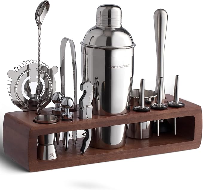 Modern Mixology 21-Piece Cocktail Shaker Set with Stand, Bartender Kit for Home Bar Accessories: 24oz Martini Shaker, Jigger, Strainer, Bar Spoon, Tongs, Opener, Muddler (Silver, Dark Brown Stand)