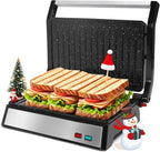 Aigostar Panini Press, 1200W Sandwich Maker and Electric Indoor Grill with Ceramic Non-Stick Coated Plates, Opens 180°to Fit Any Size of Food, Stainless Steel Surface & Removable Drip Tray, Silver
