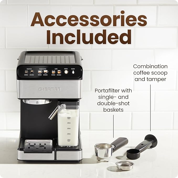 Chefman CaféMaster Pro Espresso Machine, Brew Single or Double Shots, Coffee Maker with Built-In Milk Frother for Cappuccino & Latte, XL 1.8 Liter Removable Water Reservoir - Stainless Steel