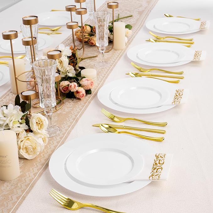 Goodluck 200PCS White Plastic Plates, Heavy Duty Disposable Plates with 100 10.25 inch Dinner Plates and 100 7.5 inch Dessert Plates for Party, Holiday, Wedding, Thanksgiving