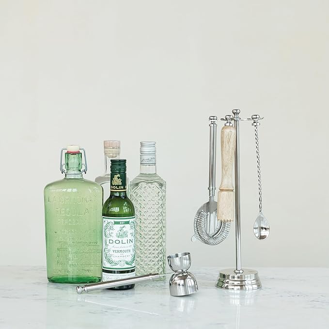 Creative Co-Op 5-Piece Stainless Steel and Mango Wood Bar Tools with Stand, Nickel Finish and Natural