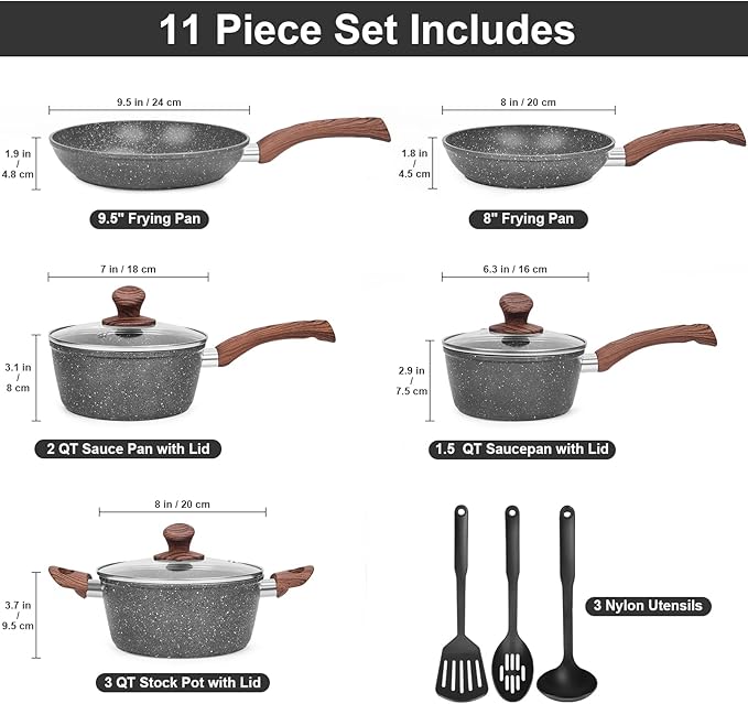M MELENTA Granite Pots and Pans Set Non Stick, 11 Piece Die-Cast Induction Cookware Set, Nonstick Kitchen Cooking Set w/Frying Pans & Saucepans, PFOA Free