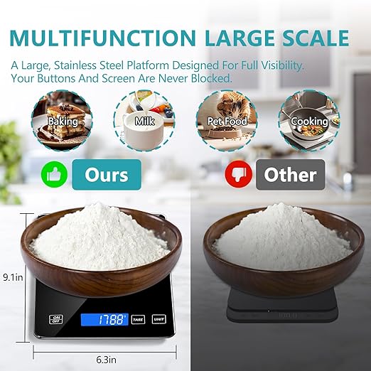 Food Kitchen Scale, Digital Food Scale 22lb/10kg Digital Kitchen Scale Precisely Measures Grams and Ounces for Meal Prep Baking and Cooking, 304 Stainless Steel Kitchen Scale LCD Display