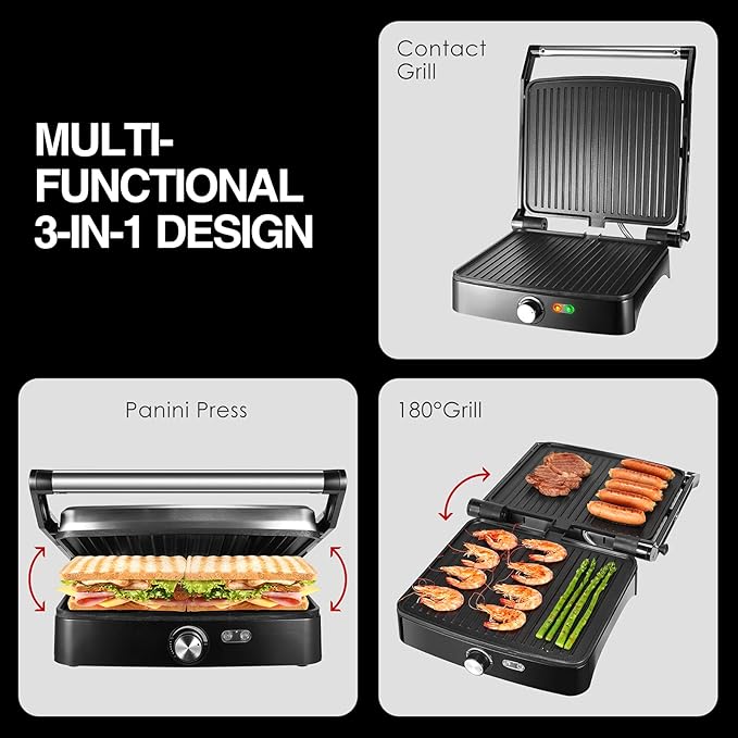 OSTBA Panini Press Grill with Adjustable Temperature, 4-Slice Indoor Grill, 180° Open Sandwich Maker with Drip Tray, Non-Stick Plates, Stainless Steel, 1200W