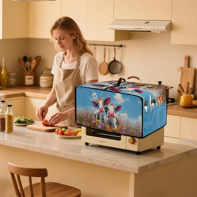 Cow Butterfly Flower Print Toaster Oven Cover, Dust-proof Heat-resistant Air Fryer Cover with Accessory Pockets, Kitchen Small Appliance Protector, (Large-18.5*22.5*12.99 inches)