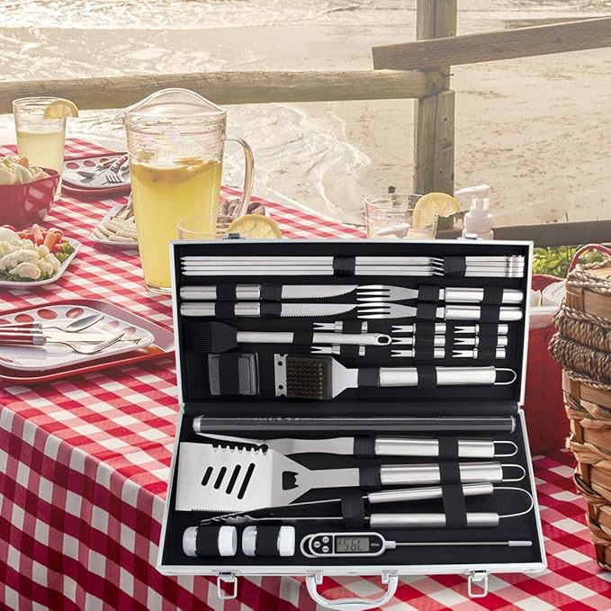 ROMANTICIST 28pcs BBQ Accessories Set with Thermometer - The Very Best Grill Gift on Birthday Wedding - Heavy Duty Stainless Steel Grill Set in Case for Outdoor Cooking Camping Grilling Smoking