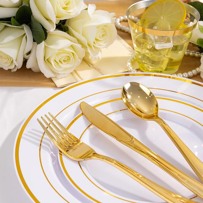WELLIFE 450 PCS Gold Disposable Dinnerware Set for 75 Guests, 75 Each-Dinner & Salad Plates,Cups, Forks, Knives, Spoons for Wedding and Party Supplies