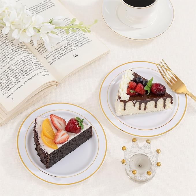 bUCLA 200PCS Gold Plastic Plates - 6.25inch White with Gold Trim Disposable Salad/Dessert/Appetizer/Small Cake Plates, Ideal for Wedding & Party