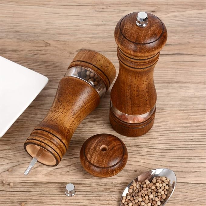 Haomacro Wood Salt and Pepper Grinder Mills Set, Classic Manual Pepper Grinder Salt Grinder Refillable Pepper Mill Sets with Acrylic Visible Window Adjustable Ceramic Grinding Rotor 6.5inch 2 Pack