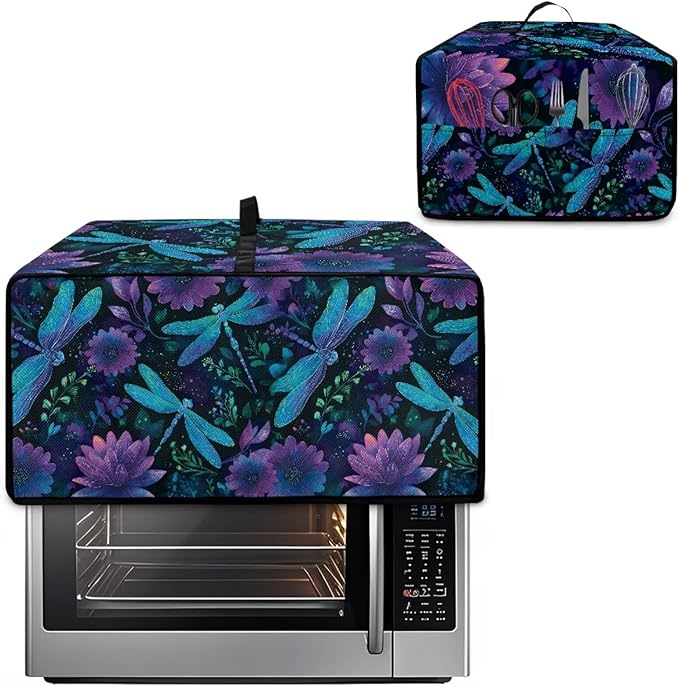 Dragonfly Lotus Print Toaster Oven Cover Compatible with Most Toaster Ovens, Heavy Duty Dust-proof Microwave Oven Cover for Kitchen Counter, Purple (Large-18.5 * 22.5 * 12.99 inches)