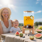 2 Gallon Drink Dispenser, Glass Beverage Dispenser with Wood Stand, Lemonade Dispenser with Airtight Valve and Stainless Steel Spigot Fruit Infuser, Thick Drink Dispenser for Parties Restaurants
