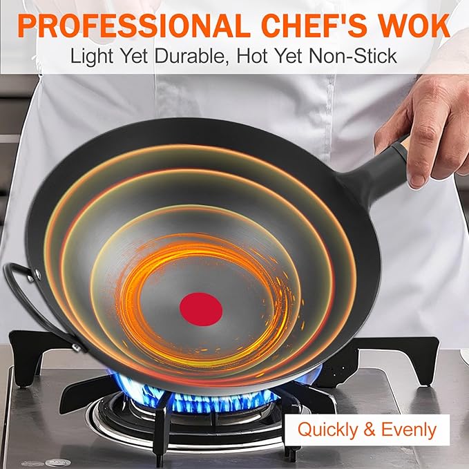 WANGYUANJI Iron Wok,13.38 inchTraditional Round-Bottom Wok, Chef’s Professional Stir-Fry Pan with Wooden Handle, Chemical-Free Wok for Gas Stoves and Round-Bottom Induction Stovetop(No lid included)