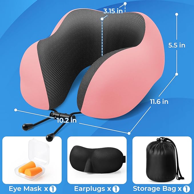 ExploreBliss Travel Pillow, Travel Pillows for Sleeping Airplane, Neck Pillow Airplane, Memory Foam Neck Pillow Set with Eye Mask, Earplugs and Storage Bag -Pink