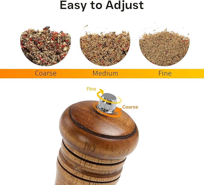Wooden Salt and Pepper Grinder Set, Premium Oak Wood Salt Grinders Shakers, Pepper Mill with Acrylic Clear Window, Adjustable Ceramic Grinder (8″ - 2 Packs with Tray)