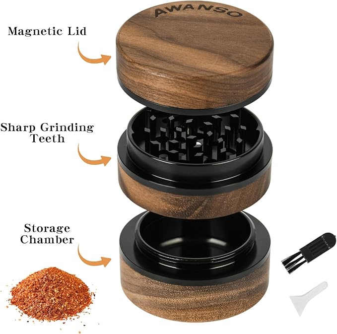 3-Piece Grinder, 2.5" Walnut Wood & Aluminum Grinder for Kitchen Spices with Large Bottom Chamber