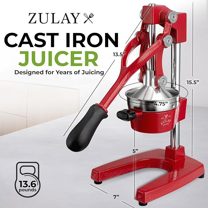 Zulay Kitchen Cast Iron Juicer - Easy-to-Clean Heavy-Duty Manual Juicer, Professional Citrus Juicer - Stainless Steel Lemon Squeezer - Manual Citrus Press & Orange Squeezer - Orange Juicer - Deep Red