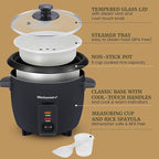Elite Gourmet Electric Rice Cooker with Steam Tray and Non-Stick Inner Pot Makes Soups, Stews, Grains, Cereals, Keep Warm Feature, 6 Cups Cooked (3 Cups Uncooked), Black