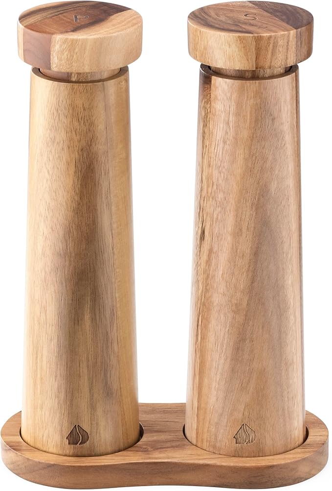 Navaris Salt and Pepper Mill Set with Tray - Adjustable Acacia Wood Salt and Pepper Grinders Shakers with Ceramic Grinding Core for Home, Restaurants