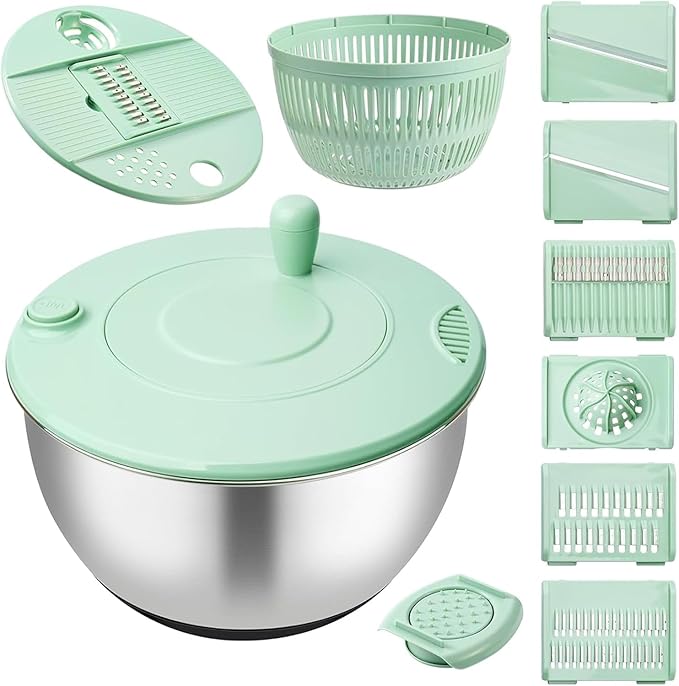Stainless Steel Salad Spinner, 5.2 Qt Lettuce Spinner with Drain and 3-in-1 Mixing Bowl with 6 Blade Slicer, Multifunctional for Salad, Fruits
