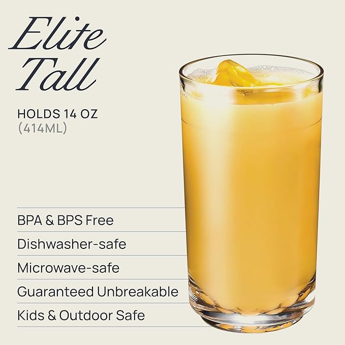 Drinique Unbreakable Elite Tall Glasses – Set of 4 | 14oz Tritan Plastic | Made with 50% Recycled Content | Reusable, Dishwasher Safe, BPA-Free, Shatterproof | Indoor, Outdoor, Everyday Use - Clear