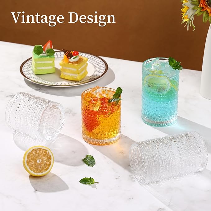 Moretoes Hobnail Drinking Glasses Set of 12, 12 Oz Highball Glasses & 10 Oz Cocktail Glasses, Clear Embossed Boho Glass Cups Kitchen Bar Tumbler Glassware Set for Whiskey, Beer, Juice, Milk
