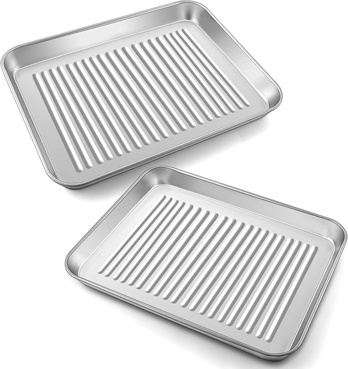 P&P CHEF 10.4 x 8 x 1 Inch Mini Toaster Oven Pan, Stainless Steel Small Baking Pan Oven Tray for Cooking & Roasting, Corrugated Bottom, Healthy & Sturdy, Dishwasher Safe - 2Pcs