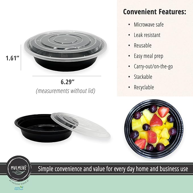 MULMEHË Plastic Food Storage Take-Out Container and Lid Combo, 16 oz, Microwaveable, Round, Black, 6x1.5”, Set of 150