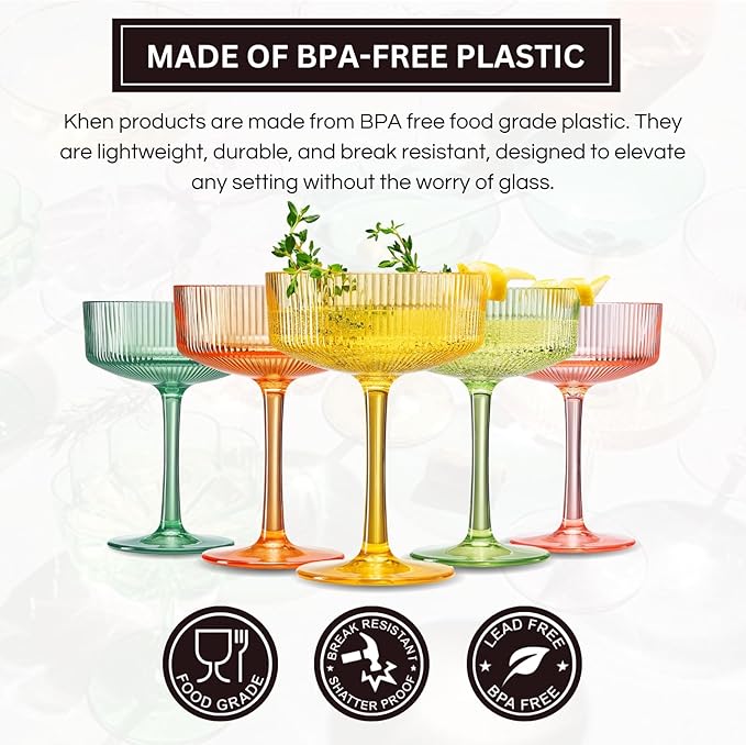 Khen Shatterproof Acrylic Ribbed Vintage Art Deco Martini, Champagne & Cocktail Spring & Summer Bright Pastel Colors Plastic Coupe Glasses | 5 Set | 8oz Ripple Classic Indoor & Outdoor, European Style
