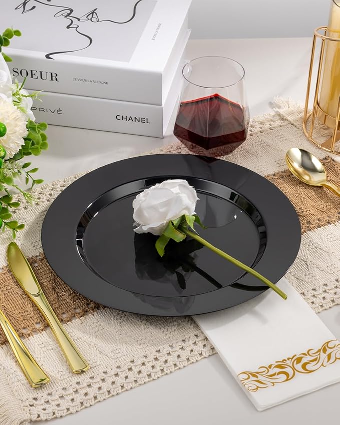 BESTVIP 50PCS Black Plastic Plates, 10.25 Inch Disposable Dinner Plate Party, Heavy Duty Disposable Plastic Plates - Ideal for Christmas Parties, Wedding and Birthday, Everyday Meals Use