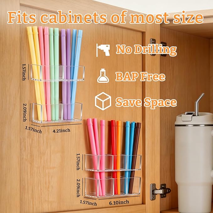 2 PACK Small Acrylic Straw Holder for Cabinet Doors, Reusable Adjustable Two-Part Straw Organizer with Ultra Sticky Adhesive Strips, 2026 Space-Saving Straw Storage for Kitchen Cupboard