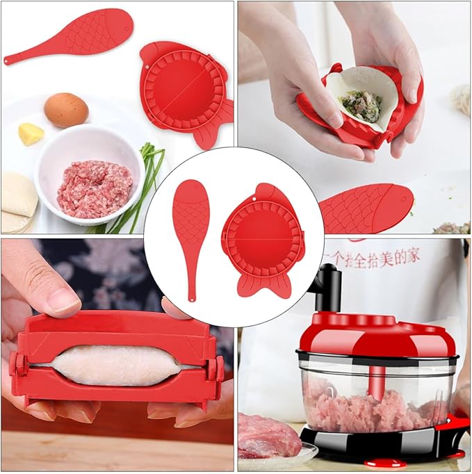 Dumplings Maker Tools Set with 4 Plastic Molds and Spoons Red Dumpling Press for Homemade Wrappers Kitchen Baking Gadgets for Family Cooking