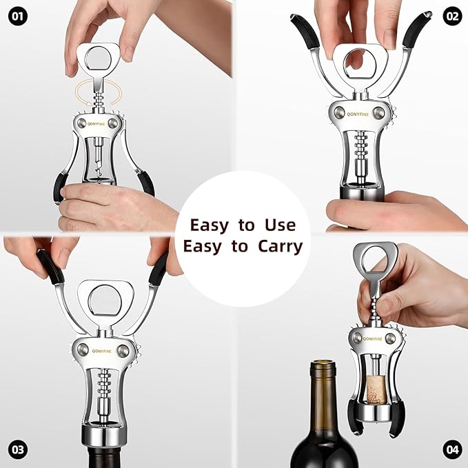Wing Corkscrew Wine Opener, Premium Zinc Alloy Manual Bottle Opener, Heavy Duty Multifunctional Tool for Kitchen, Bar, Restaurant & Waiters (Polished Silver)