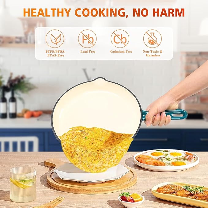 Hisencn Enameled Cast Iron Cookware Set - 7 Piece Dutch Ovens Set, Sauce Pan, Skillet, 3 Lids, Pots and Pans Set, Ceramic Coated Cast Iron, Heavy Duty, Gas/Induction Compatible, PFA Free