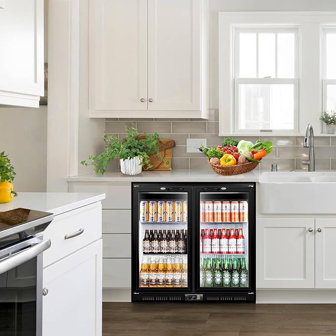 Tylza Back Bar Cooler With 2 Glass Doors, 200L Under Counter Back Bar Refrigerator with LED Lighting, Safety Locks, Counter Height Bar Beverage Cooler for Beer, Soda Drinks, Wine, Black