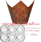 (JUMBO Large size) Brown Golden pattern Tulip Baking Cups 2-1/4"(Base diameter) x 3-3/4"(Wall height) Greaseproof paper Muffin liners, Case of 130 pcs