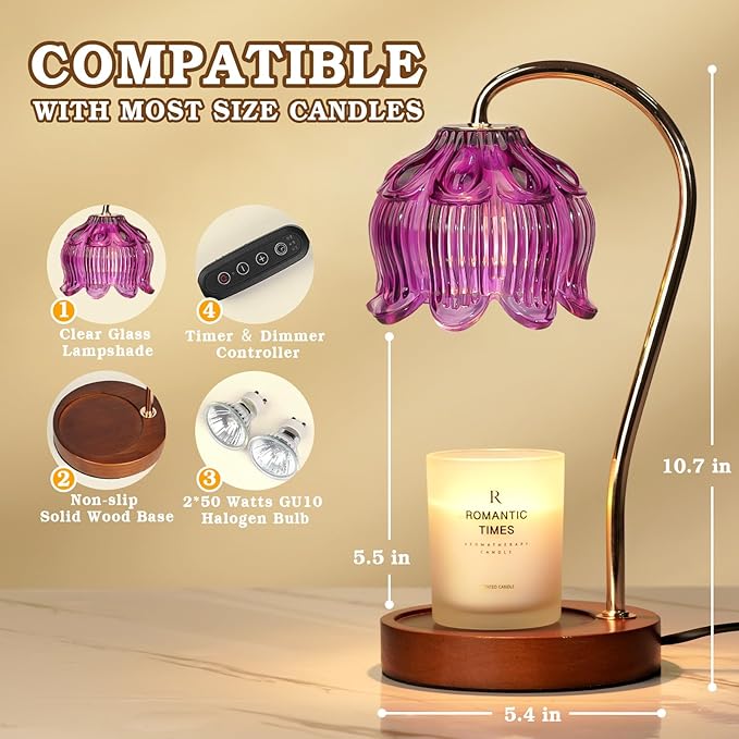 Purple Candle Warmer Lamp with Timer, Electric Candle Warmer, Women Birthday Christmas Gift, Flower Wax Warmer for Yankee Candle Lovers, Vintage Melt Lamp for House Warming Gifts for Mom, Friend