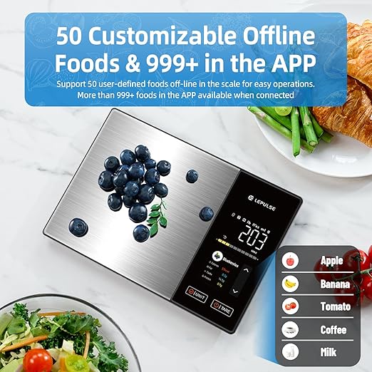 Food Scale with Nutritional Calculator, Smart Digital Kitchen Scale for Weight Loss, App with 23 Nutrients Tracking, Calorie, Fat, Carbs, Premium Stainless Steel, 11lb