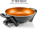 OVENTE Electric Wok with Nonstick Coating, 13 Inch Family-Sized Skillet, 1400W Power, Adjustable Temperature, Tempered Glass Lid, Cool Touch Handles and Easy to Clean Frying Surface, Copper SK3113CO
