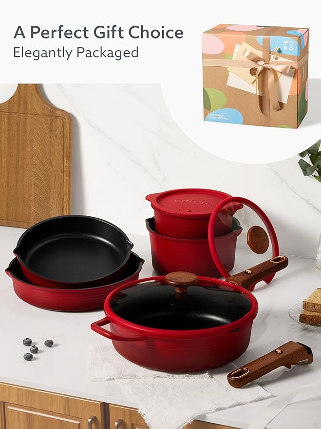 CAROTE 20Pcs Titanium Cookware Set, Pots and Pans Set Non Stick, Kitchen Cooking Set with Detachable Handle, Non Toxic Induction Cookware - Camping Cookware, Dishwasher/Oven Safe, Red